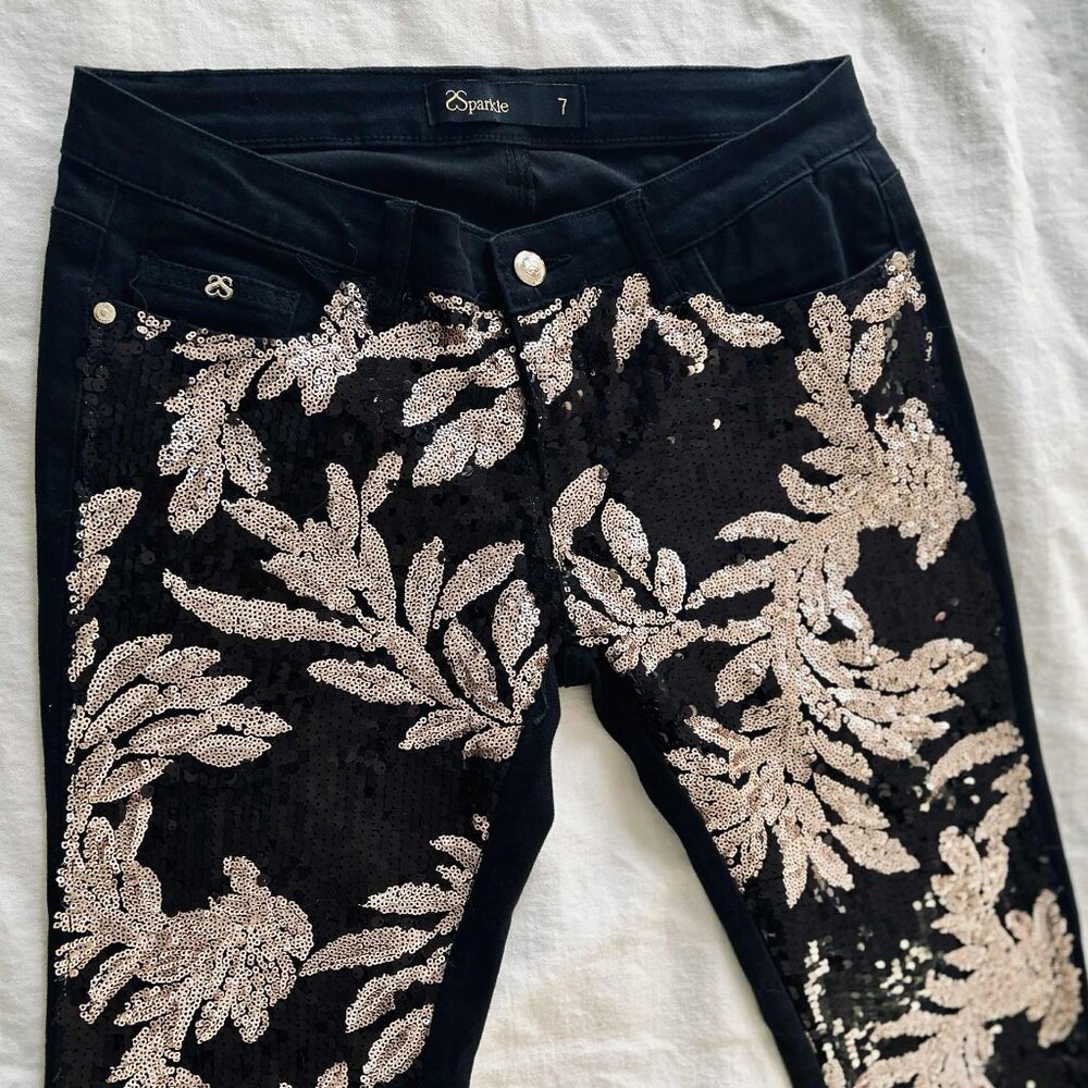 Sparkle Black Skinny Jeans with Full Front Rose-Gold & Black Sequin Panel – US 6